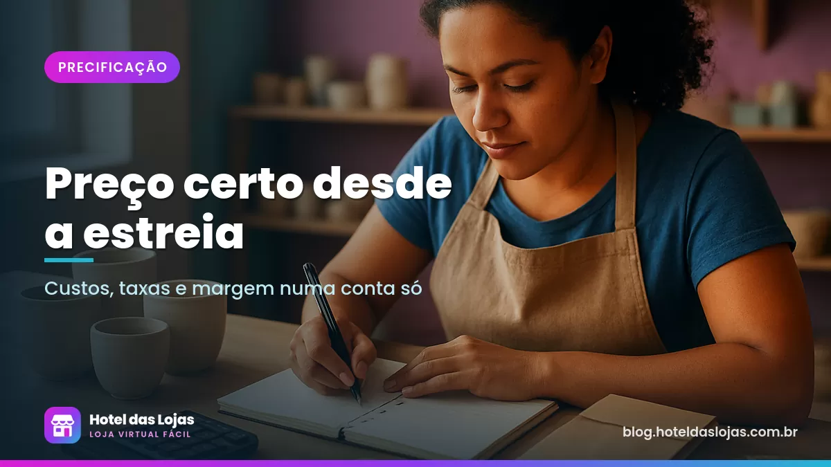 Empreendedora faz contas no caderno com calculadora ao lado de canecas artesanais e embalagens kraft
