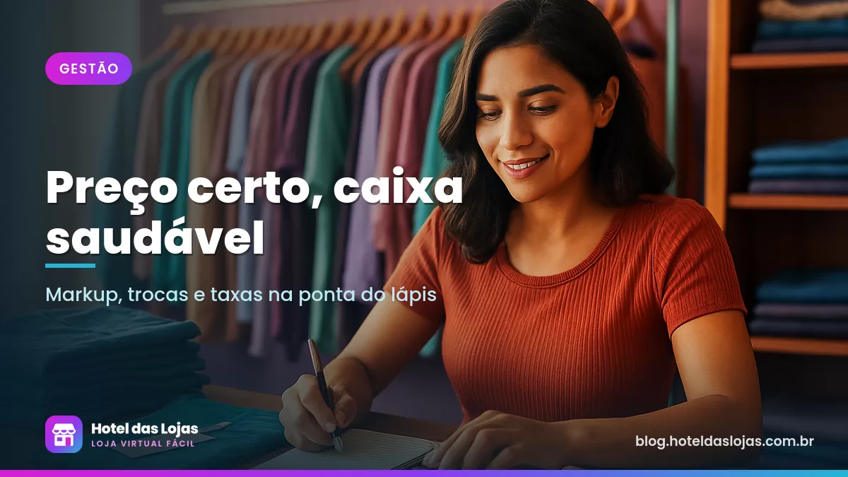 Dona de loja de roupas fazendo contas com calculadora e caderno ao lado de etiquetas de preço e peças dobradas