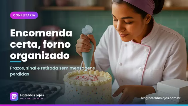 Confeiteira decora bolo de aniversário ao lado de bandejas de brigadeiros e caixas prontas para retirada