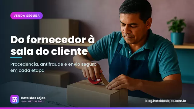 Lojista lacrando caixa parda com console embalado em plástico bolha sobre bancada com prancheta