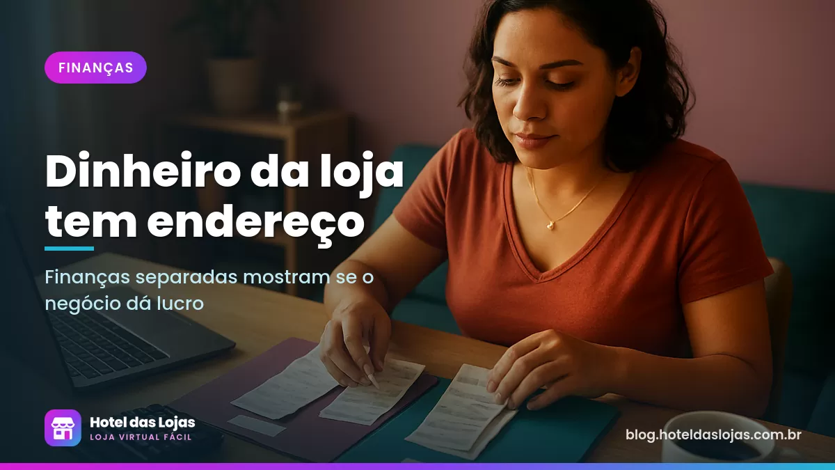 Empreendedor organiza comprovantes em duas pastas separadas sobre a mesa do escritório em casa, ao lado da calculadora