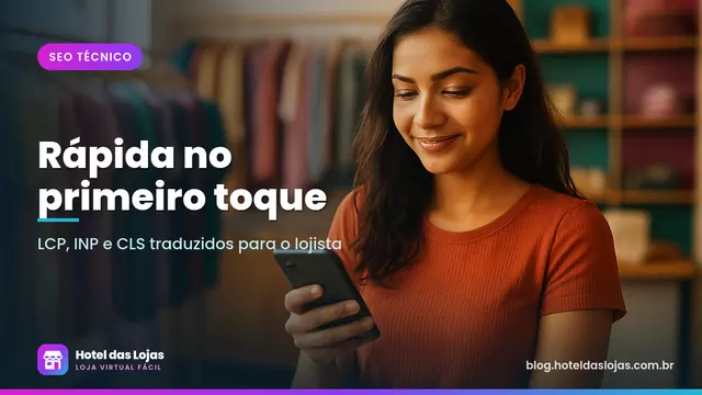 Cliente navega com o polegar no celular dentro de uma pequena loja de roupas, com araras ao fundo