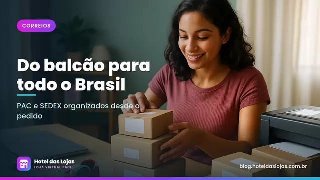 Empreendedora organiza pacotes etiquetados sobre a mesa do escritório em casa, prontos para postagem