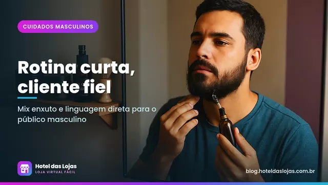 Homem barbudo aplicando óleo de barba no espelho com balm, pomada e sabonete facial na prateleira