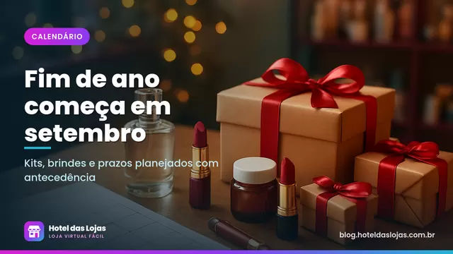 Mesa com kits de cosméticos embrulhados para presente, fitas vermelhas e agenda com semanas marcadas