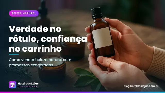 Mãos de mulher leem rótulo de frasco âmbar ao lado de xampus sólidos, manteiga de karité e lavanda seca