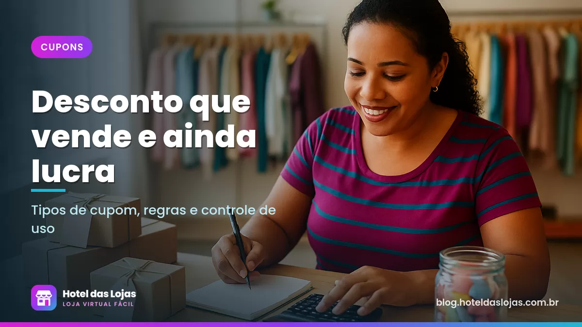 Lojista fazendo contas com calculadora e caderno no balcão de uma boutique com araras de roupas ao fundo
