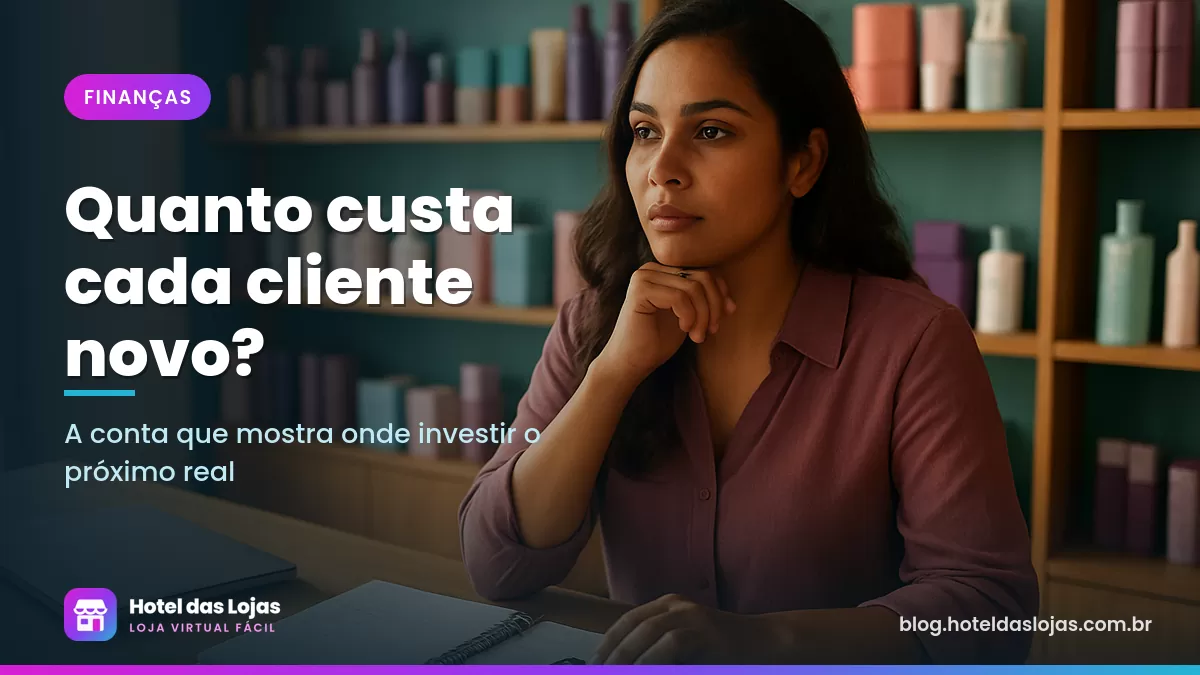 Empreendedora faz contas com calculadora e caderno em ateliê de cosméticos, com produtos nas prateleiras