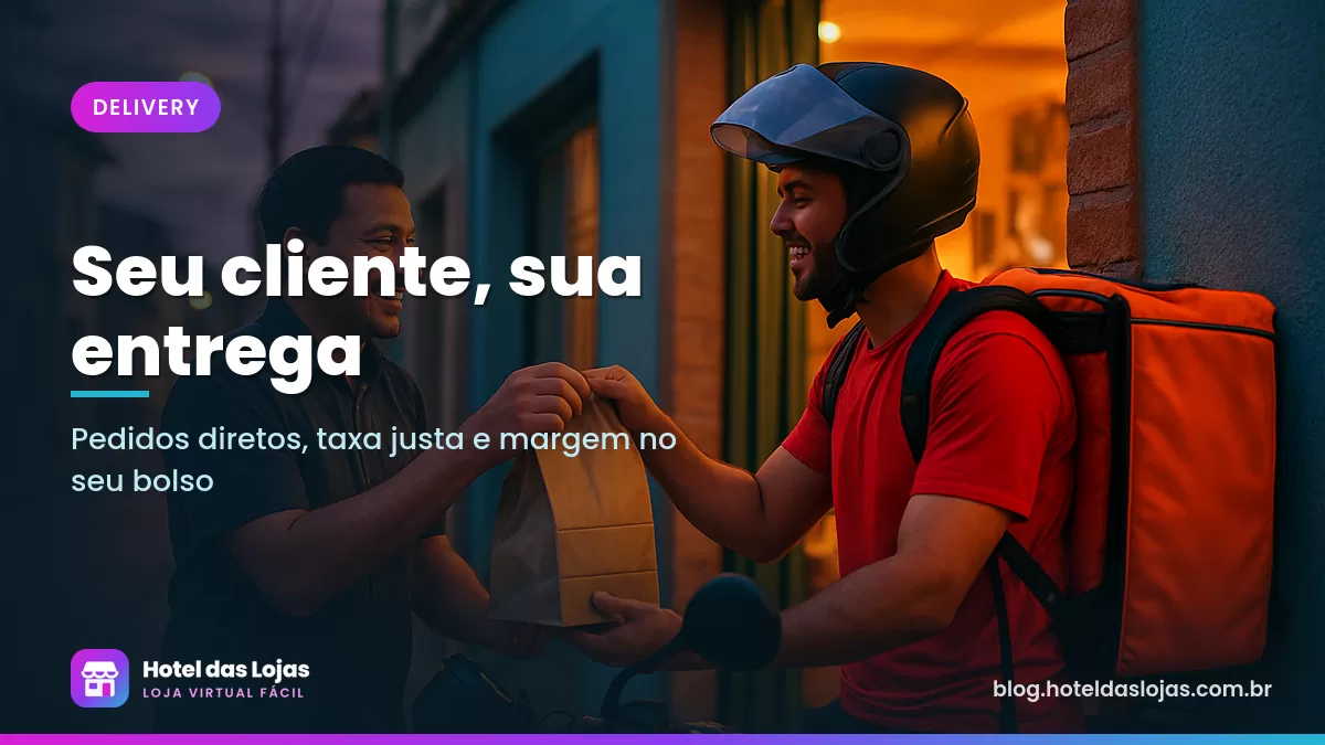 Dono de restaurante entrega sacola de pedido a motoboy na porta do estabelecimento no fim da tarde