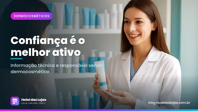 Prateleira de dermocosméticos com protetores e séruns e farmacêutica orientando uma cliente