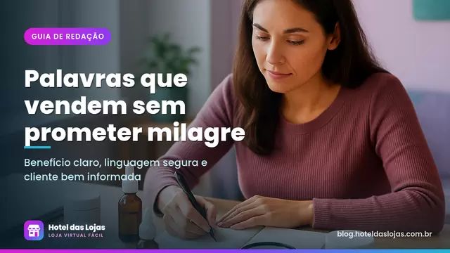 Empreendedora anota informações de cosméticos em caderno, com frascos de sérum e lupa sobre um rótulo