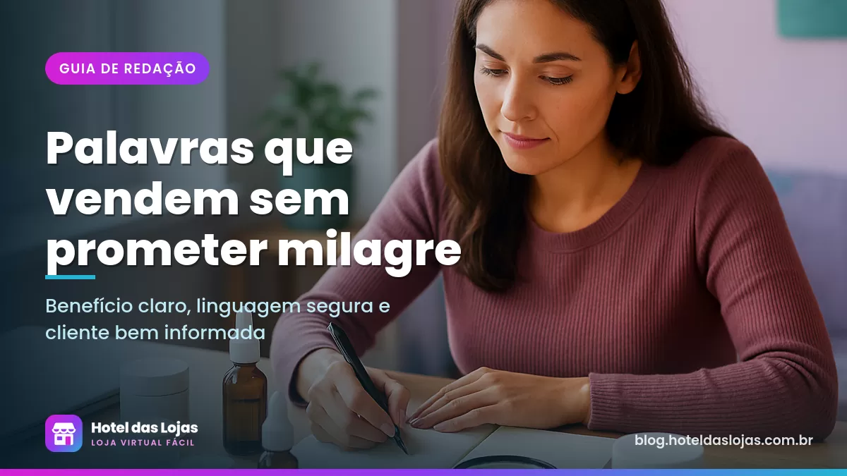 Empreendedora anota informações de cosméticos em caderno, com frascos de sérum e lupa sobre um rótulo