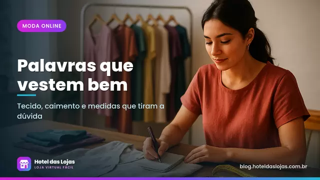 Lojista anotando detalhes de um vestido de linho com fita métrica e amostras de tecido sobre a mesa