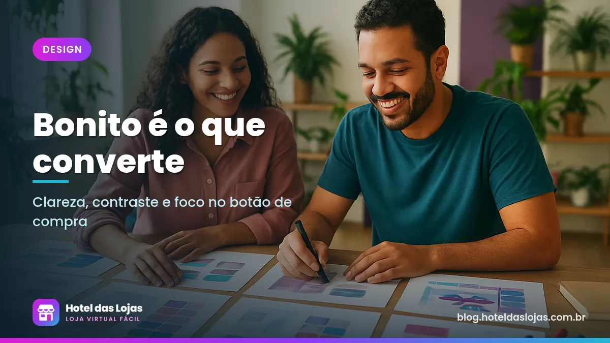 Dois lojistas analisam impressões de páginas de produto e paletas de cores sobre uma mesa de trabalho