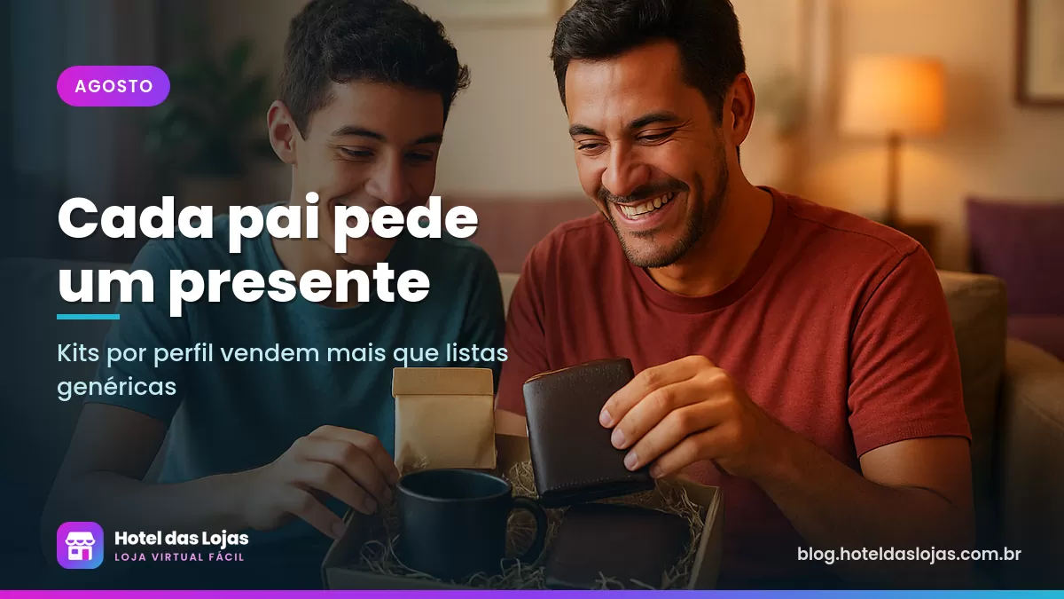 Pai e filho abrem juntos uma caixa de presente com carteira de couro, café e caneca na sala de casa