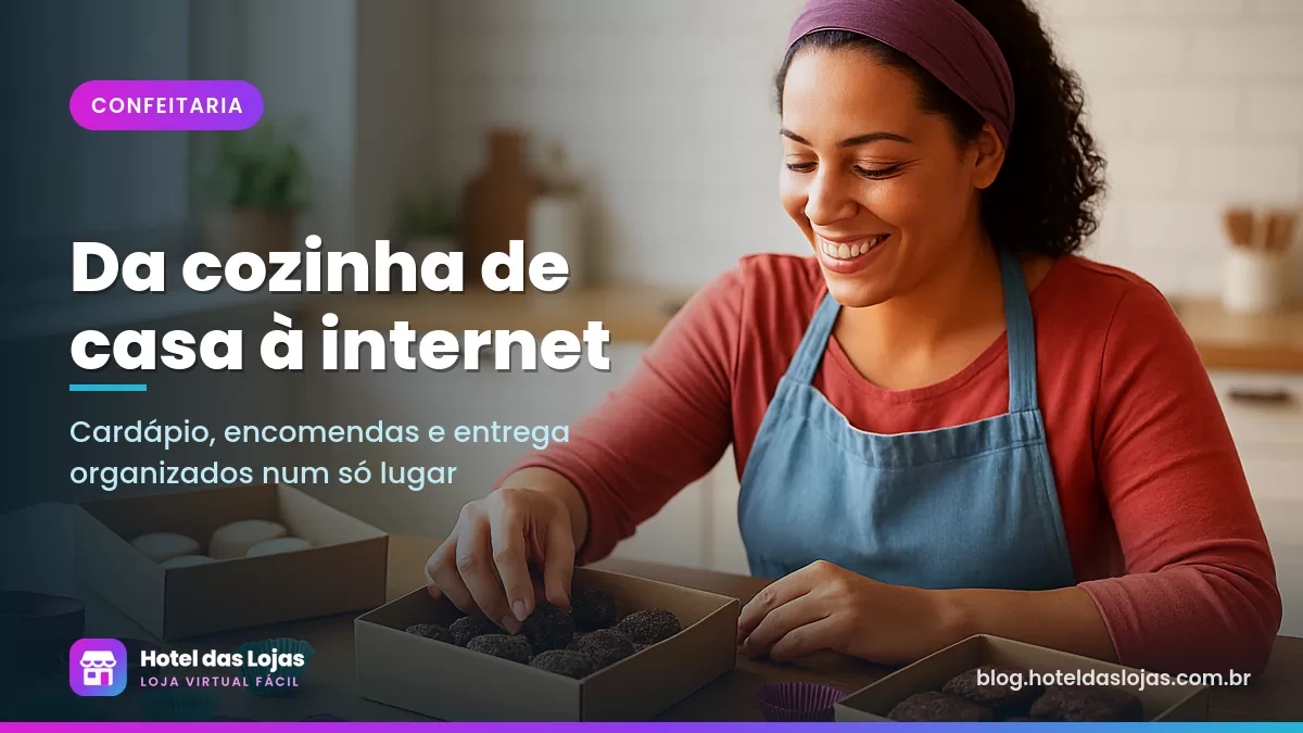 Confeiteira arrumando brigadeiros e bolos em caixas de presente na bancada da cozinha