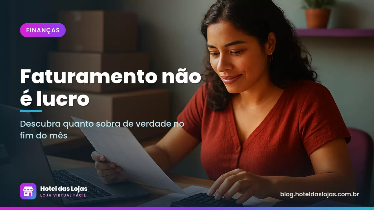 Lojista confere planilhas financeiras e calculadora em uma mesa com caixas de envio ao lado