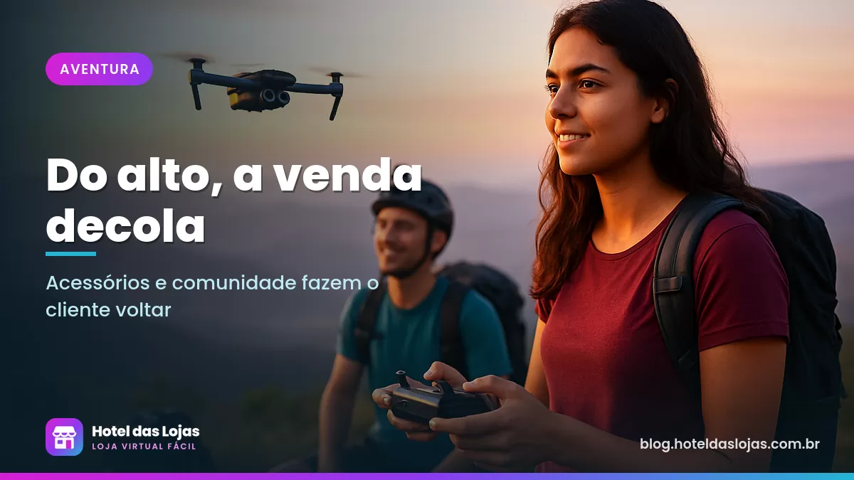 Jovem pilota um drone no alto de um morro ao nascer do sol enquanto amigo usa câmera de ação no capacete