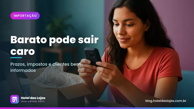 Lojista examina pequeno aparelho importado ao lado de pacote internacional aberto com plástico bolha e notebook