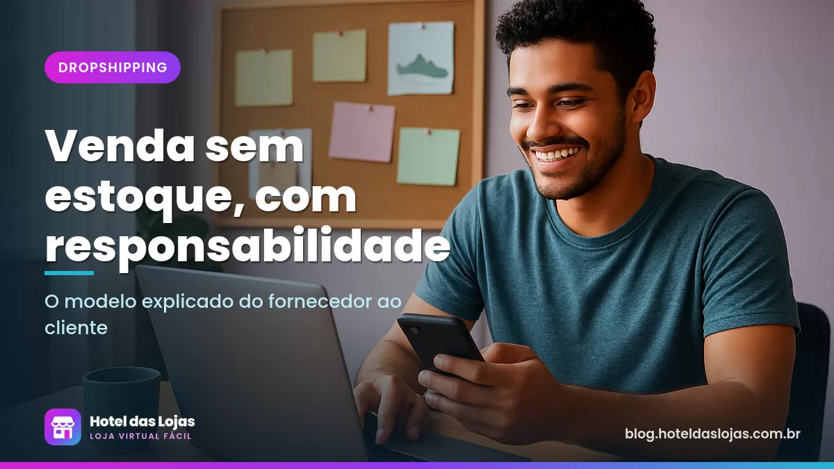 Jovem empreendedor em escritório em casa com notebook, celular e quadro de anotações sobre fornecedores e produtos