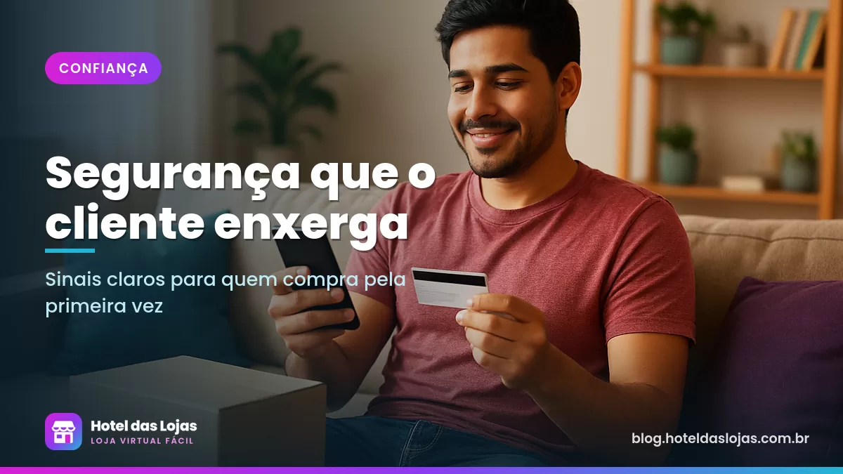 Rapaz tranquilo no sofá segura cartão e celular ao finalizar uma compra online, com uma caixa entregue na mesa