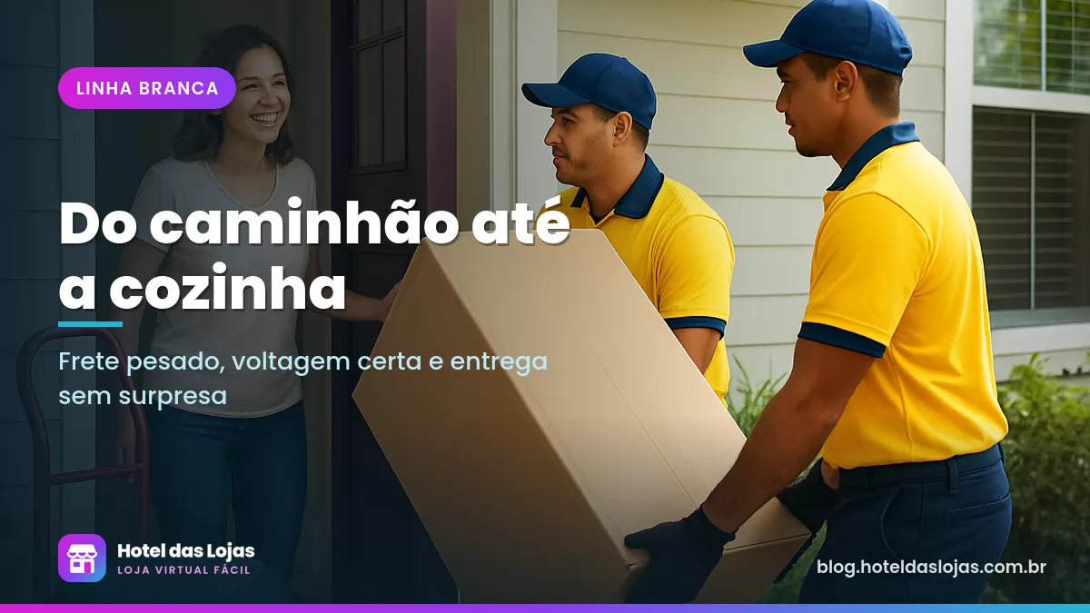 Entregadores carregando geladeira embalada pela porta de uma casa enquanto a moradora segura a porta