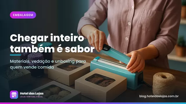Pessoa fecha caixas kraft com cookies e brownies ao lado de potes de geleia, papel de seda e seladora sobre a mesa