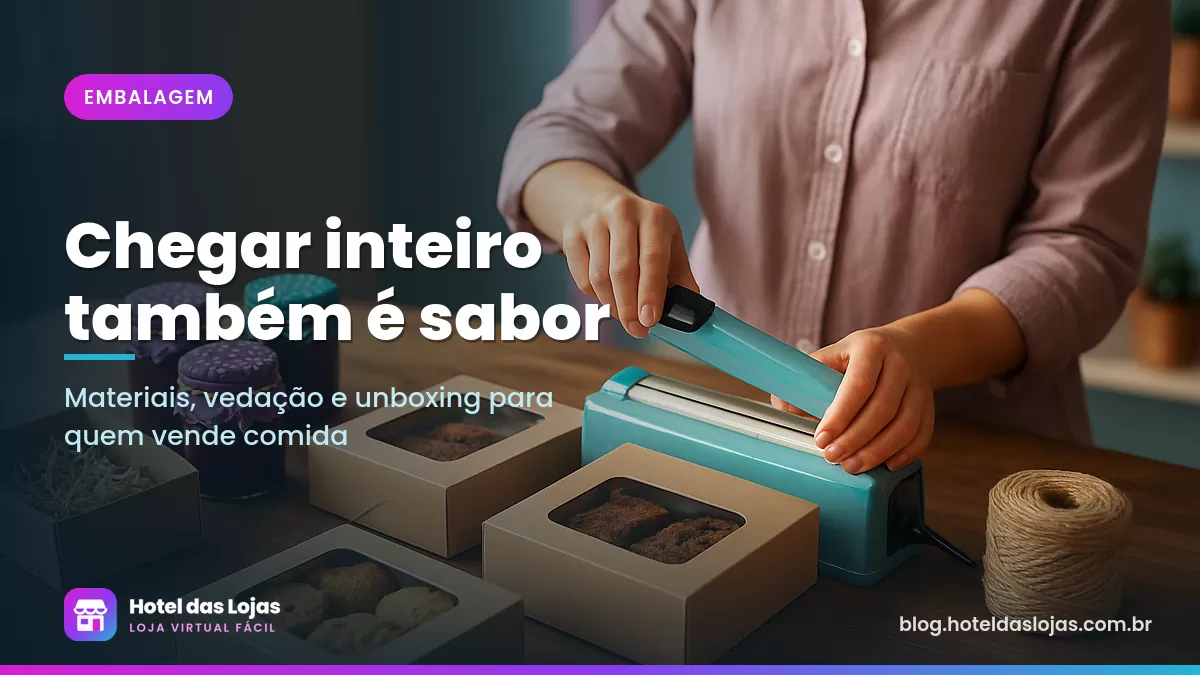 Pessoa fecha caixas kraft com cookies e brownies ao lado de potes de geleia, papel de seda e seladora sobre a mesa