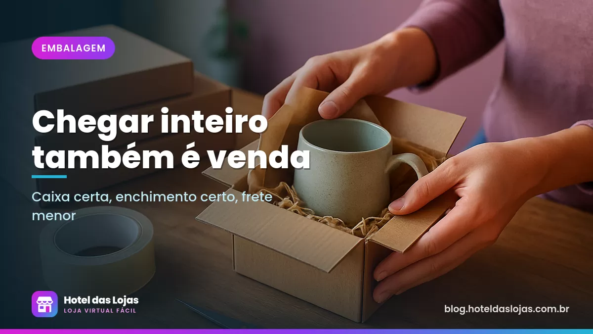 Mãos embalam caneca de cerâmica envolta em papel kraft numa caixa de papelão com enchimento de papel