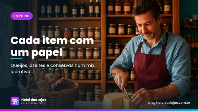 Dono de empório corta queijo artesanal em balcão de mármore com prateleiras de azeites e conservas ao fundo