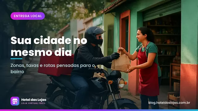 Lojista entrega sacola com pedido a motoboy estacionado em frente à loja de bairro numa rua arborizada