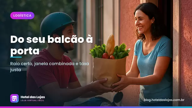 Entregador de moto entrega sacola de compras com pães e frutas a cliente sorridente na porta de um prédio residencial