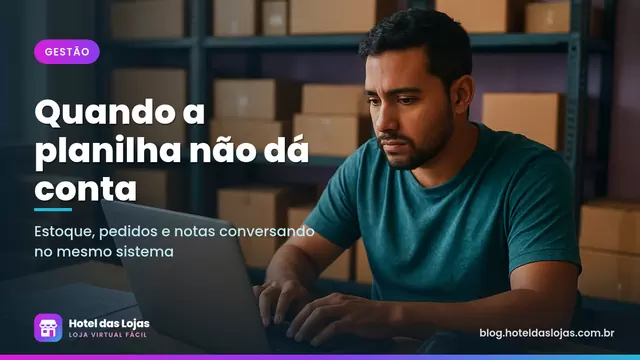 Empreendedor em mesa de estoque com notebook, leitor de código de barras e notas impressas