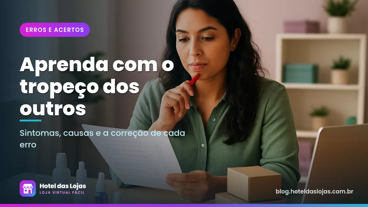 Lojista de cosméticos revisa uma lista de verificação com caneta vermelha ao lado de frascos e caixas de envio