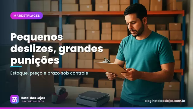 Funcionário confere lista ao lado de mesa de embalagem com fita, etiquetas e balança em pequeno depósito