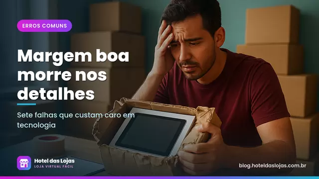 Vendedor de eletrônicos preocupado analisando uma caixa de envio danificada no estoque da loja
