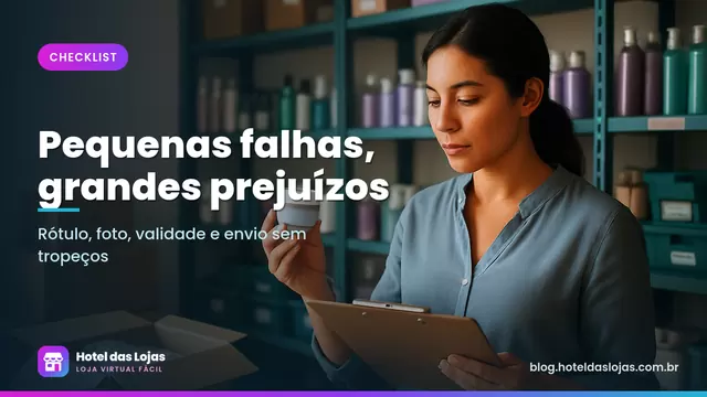 Lojista confere frascos de cosméticos com prancheta em estoque organizado, ao lado de caixas de envio