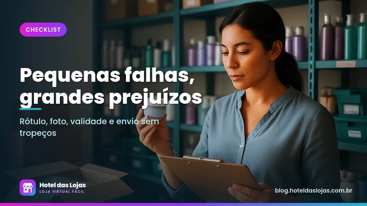 Lojista confere frascos de cosméticos com prancheta em estoque organizado, ao lado de caixas de envio