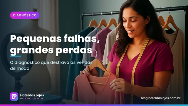 Dona de loja de roupas conferindo peças na arara com fita métrica no pescoço em estúdio caseiro