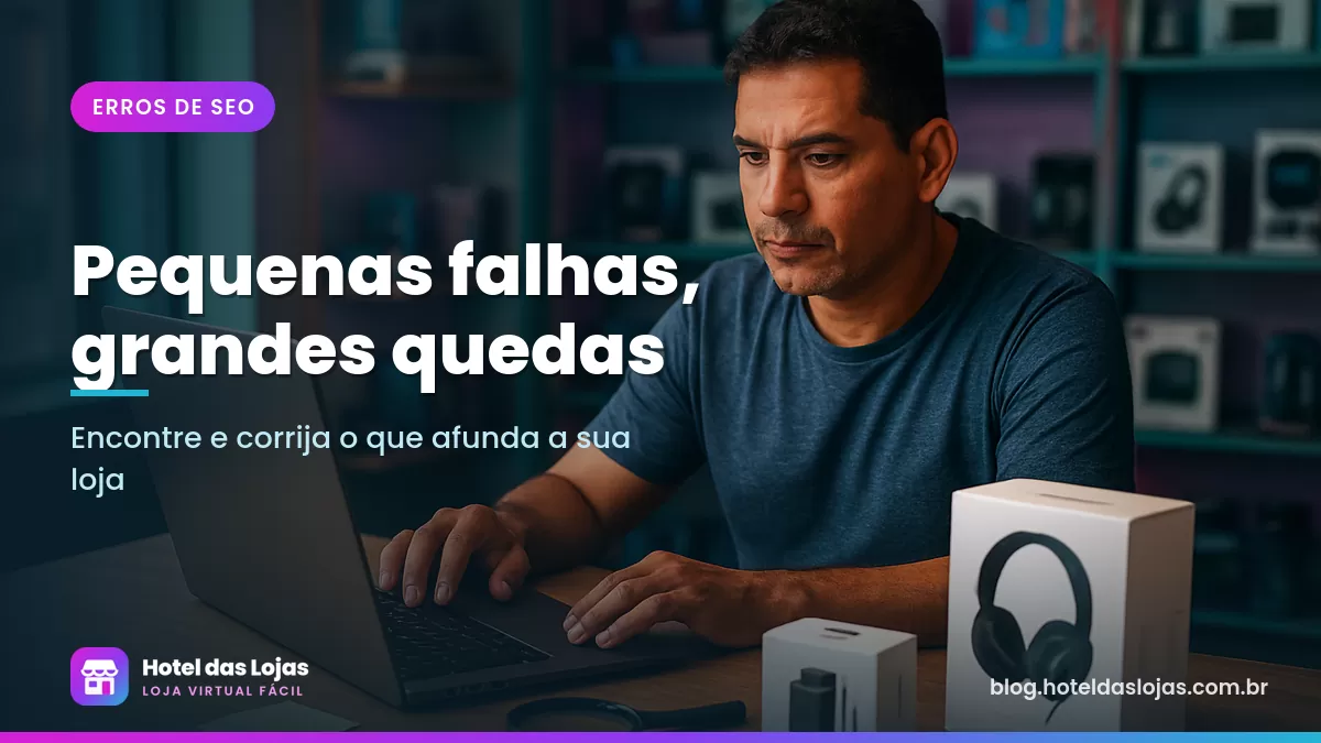 Dono de loja de eletrônicos analisa o notebook com lupa e post-its na bancada cercada de produtos