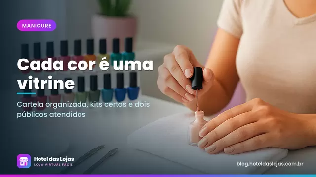 Mesa de manicure com fileiras de esmaltes coloridos e mulher pintando as unhas com tom nude