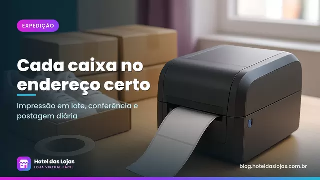 Impressora térmica imprime etiqueta em bancada de expedição com caixas lacradas e tênis sendo embalado