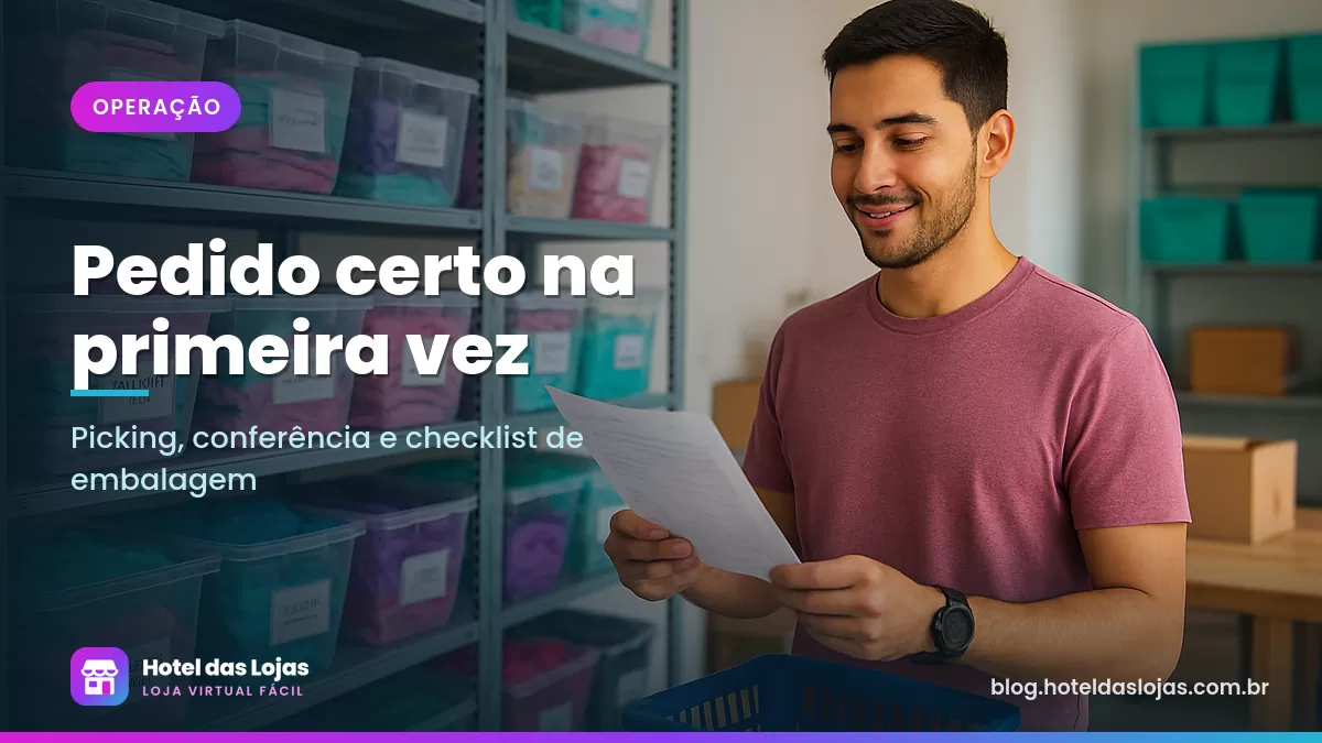 Rapaz com lista de separação e cesto pega roupas infantis em prateleiras etiquetadas no estoque da loja