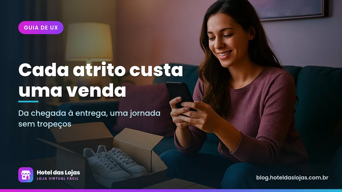 Jovem no sofá comprando pelo celular com um par de tênis e uma caixa de entrega sobre a mesa