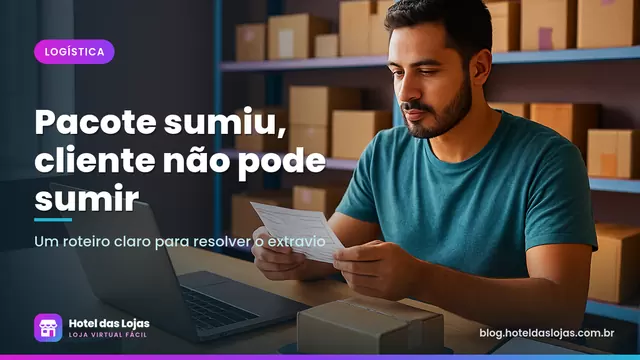 Lojista confere etiqueta de envio e peso da caixa na bancada de embalagem antes de despachar o pedido