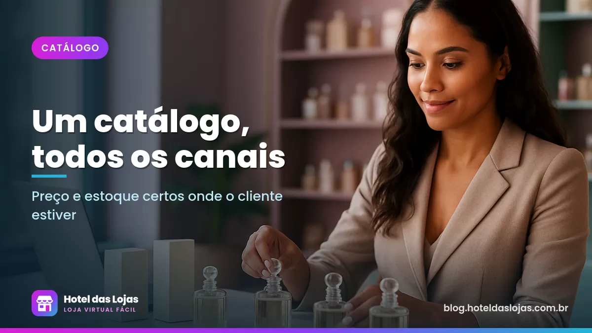 Lojista organiza frascos de perfume em fileiras sobre um balcão de mármore para montar o catálogo de produtos