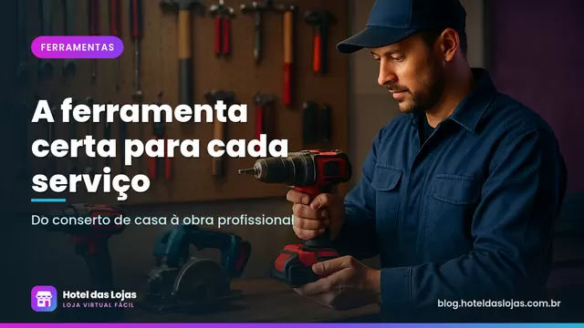 Profissional testa furadeira em bancada de loja de ferramentas com painel de chaves, alicates e martelos ao fundo