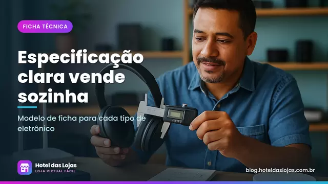 Lojista mede fone de ouvido com paquímetro e anota especificações ao lado de outros eletrônicos na mesa