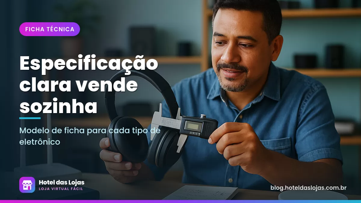 Lojista mede fone de ouvido com paquímetro e anota especificações ao lado de outros eletrônicos na mesa