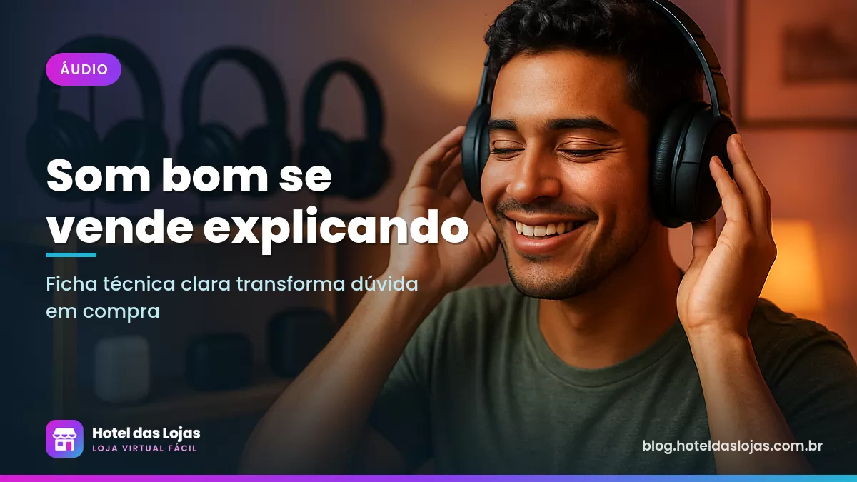 Jovem experimenta fone de ouvido sem fio em um estúdio caseiro com outros fones expostos na prateleira